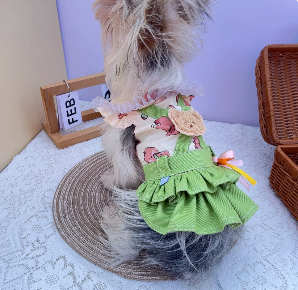 Green Fruit Print Ruffle Pet Dress